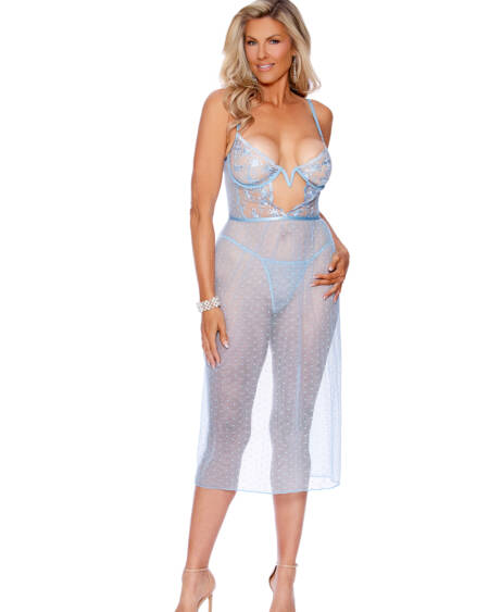  Dotted Mesh Gown With Embroidered Bodice, Underwire Cups, V Wire, Keyhole Front Detail, Adjustable Straps, Hook And Eye Back Closure, Matching G-string Included