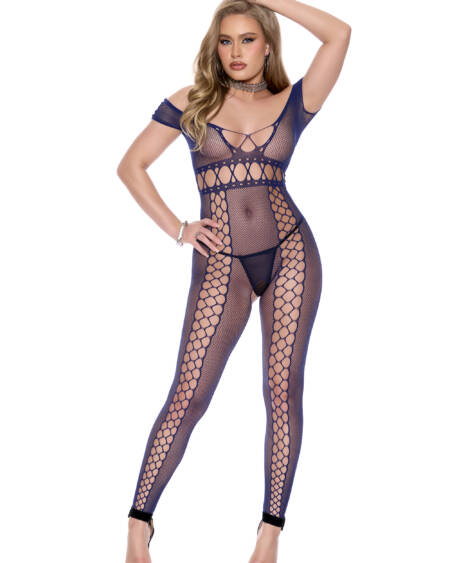  Crochet Net Footless Bodystocking With Cap Sleeves, Criss Cross Front And Back Detail, Open Crotch