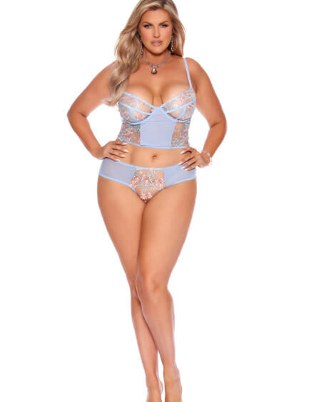  Embroidered Mesh Cami Top With Underwire Cups, Adjustable Straps And Hook And Eye Back Closure, Matching Panty Included