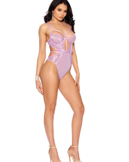  Lace And Mesh Slip On Teddy With Underwire Cups, Strappy Front Detail, Cut Out Sides, Adjustable Straps And Hook And Eye Back Closure