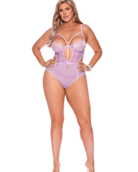 Lace And Mesh Slip On Teddy With Underwire Cups, Strappy Front Detail, Cut Out Sides, Adjustable Straps And Hook And Eye Back Closure