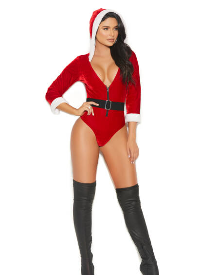  Santa's Tease - 2 Pc, Costume Includes Velvet Teddy With 3/4 Sleeves, Attached Hood And Detachable Elastic Belt