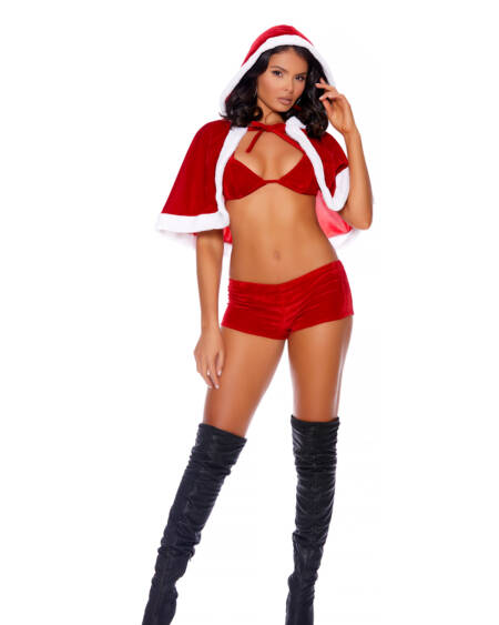  Santa's Naughty Helper - 3 Pc, Costume Includes Velvet String Bra Top, Booty Shorts And Matching Cape With Hood