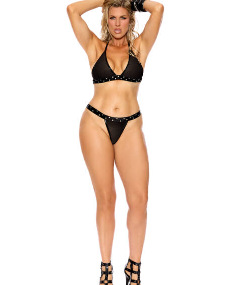  Fishnet Bra Top And G-string With Vinyl Trim And Nail Heads