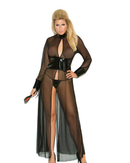  Mesh And Vinyl Long Sleeve Gown With Adjustable Hook And Eye Back Closure, Matching G-string Included