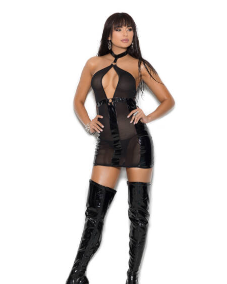  Vinyl And Fishnet Mini Dress With Keyhole Front